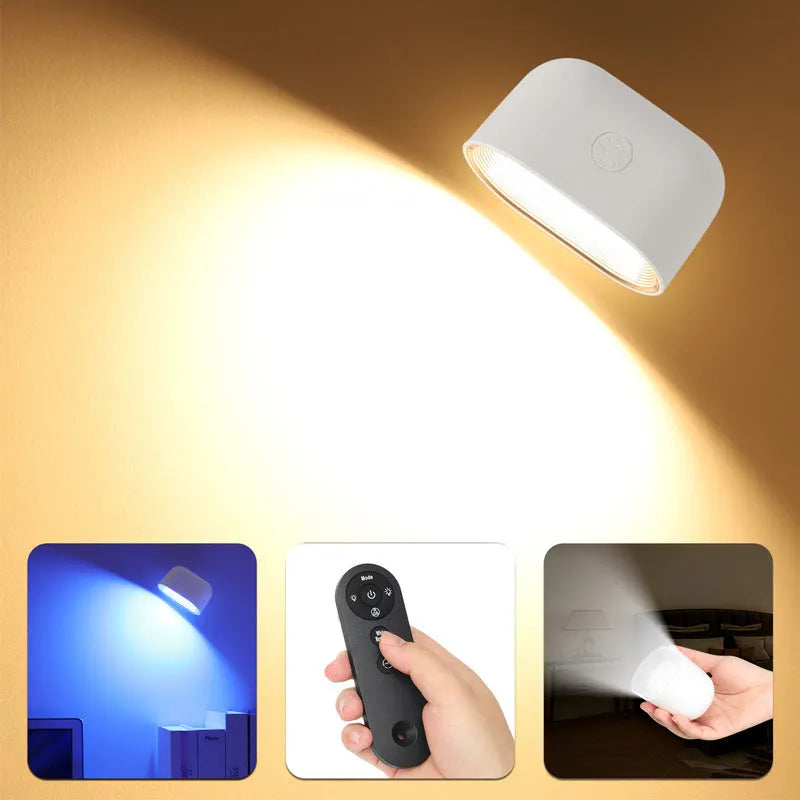 White remote touch magnetic wall lamp with oval light, showing 360-degree rotation and remote control for colour changing.