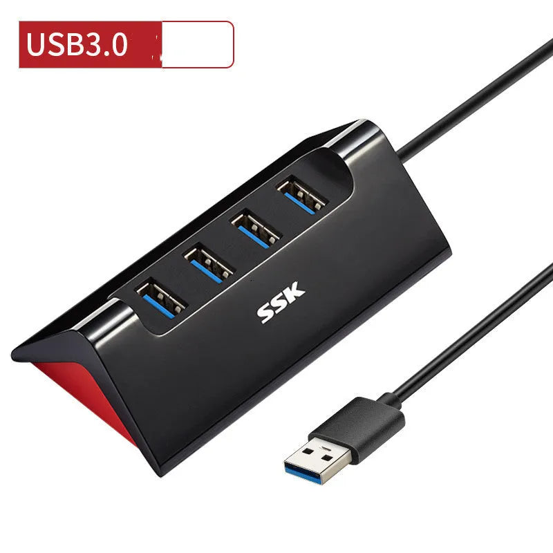 Black ABS plastic USB expansion dock with four USB ports and Micro USB power interface