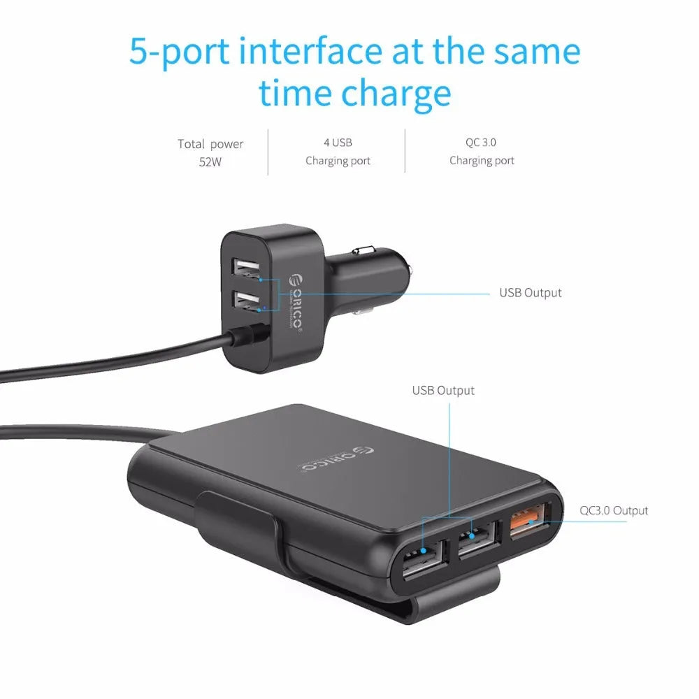 ORICO black 5-port car charger with QC3.0 and 1.8m cord for 12V/24V cigarette lighter sockets