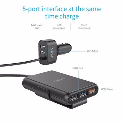 ORICO black 5-port car charger with QC3.0 and 1.8m cord for 12V/24V cigarette lighter sockets