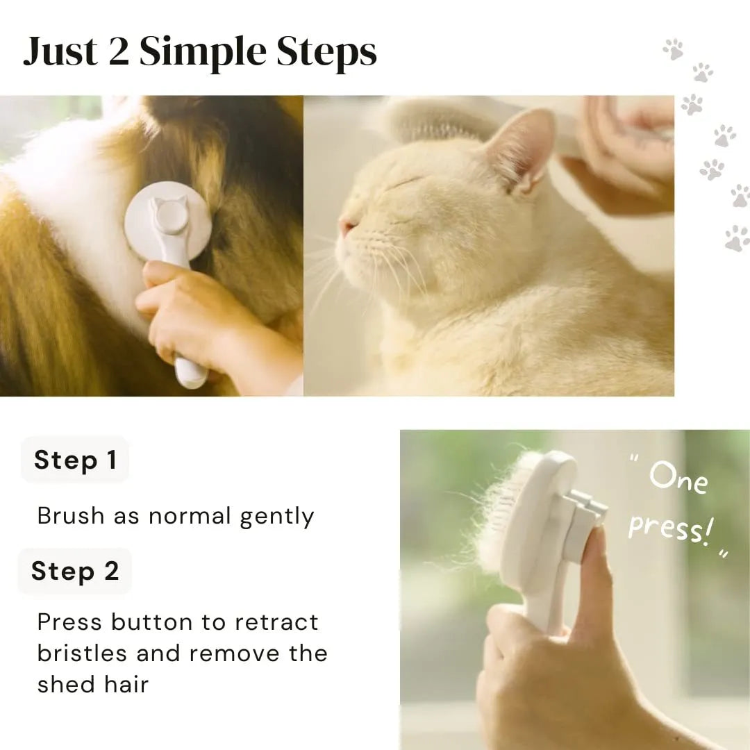 Blue self-cleaning pet grooming brush with stainless steel pins and ergonomic rubber handle on a grey background