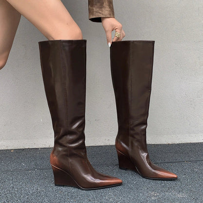 Black cowhide wedge boots with pointed toes and 6-8cm heels, high cylinder design