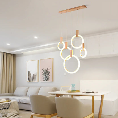 White wooden ring LED lamp with adjustable height mechanism and fishing line chandelier design