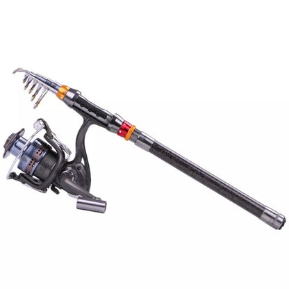 Telescopic carbon-fiber fishing rod set with spinning reel combo, compact and durable