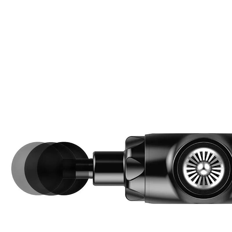 Black and white percussion massage gun with 24V battery for muscle recovery.