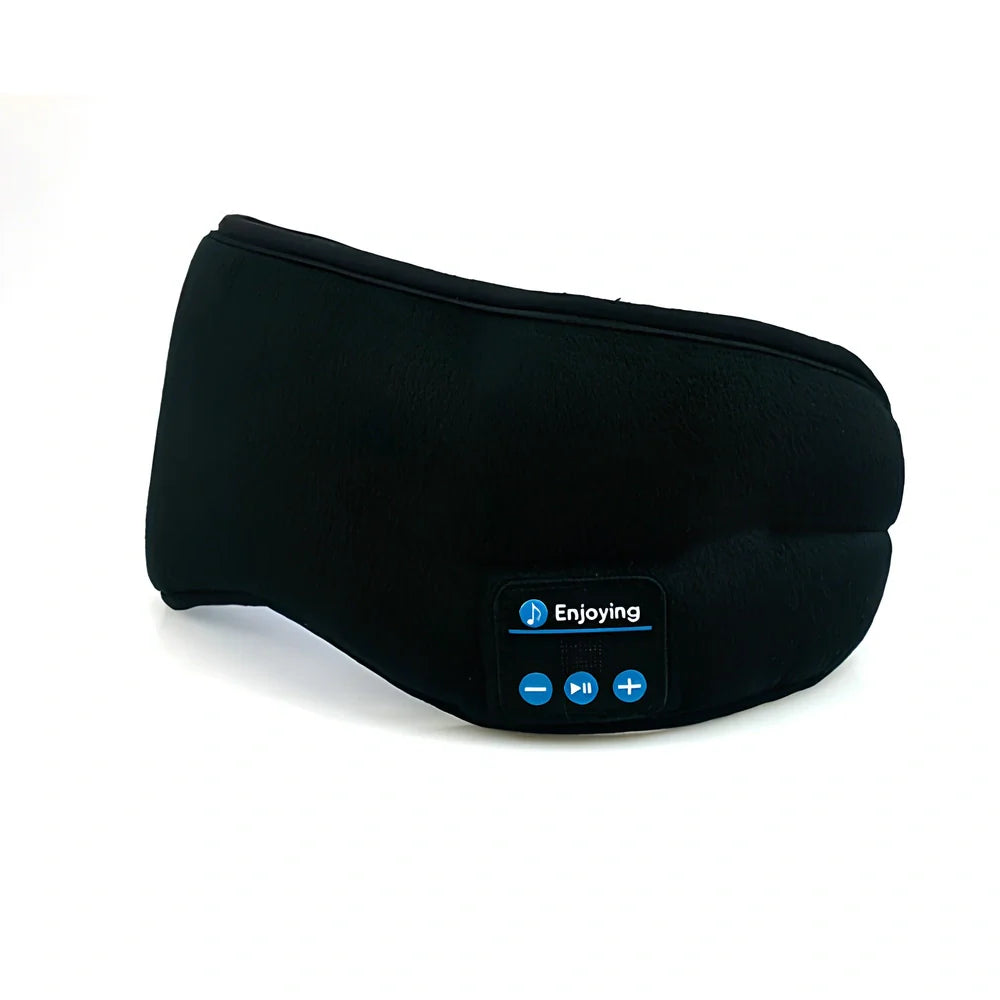 Black contoured eye mask with adjustable straps showing measurements of 20cm width and 10cm height