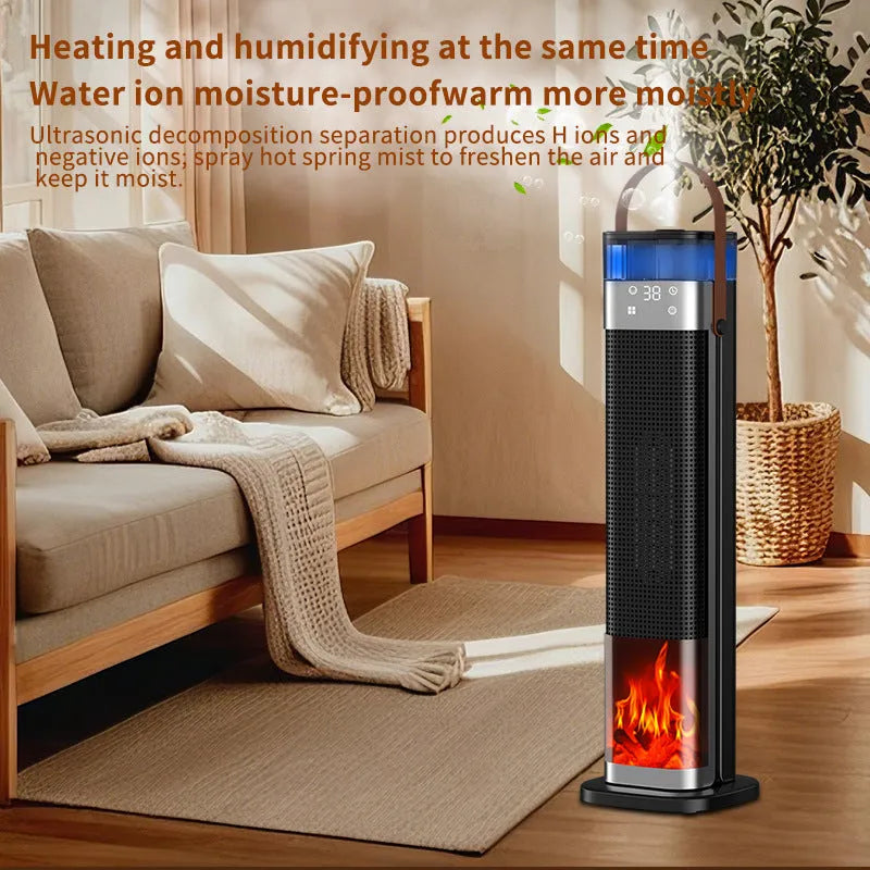 Intelligent vertical heater with humidification function, remote control, and compact design measuring 16x16x52.6 cm