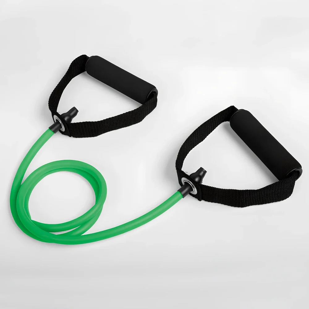 Five colour-coded latex resistance bands showing 120cm length with resistance levels from 10-30 pounds