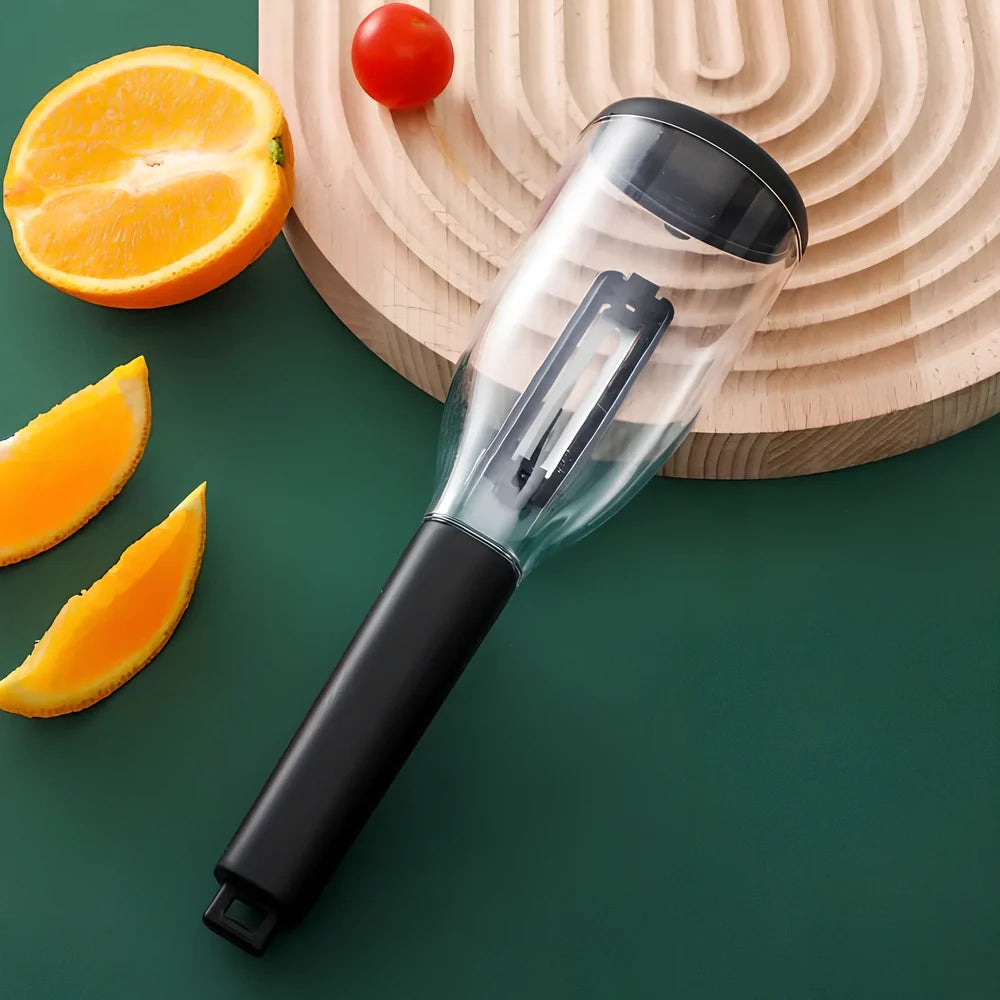 Red multifunctional peeling knife with 22cm stainless steel blade and protective storage tube for kitchen use