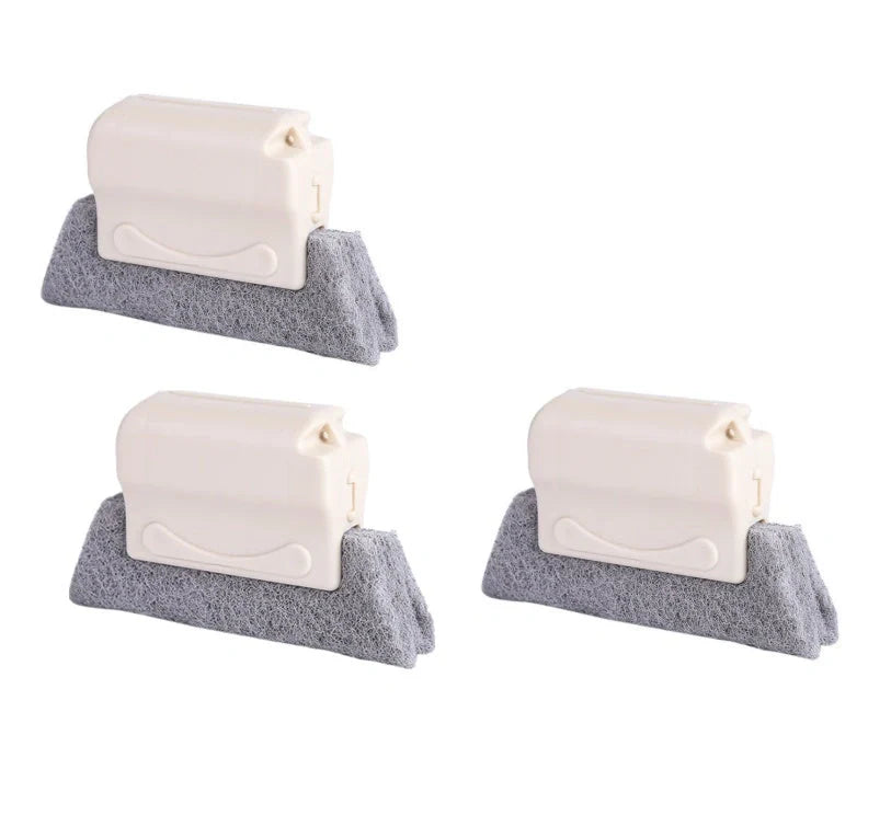 Window groove cleaning brush with comfortable grip and scouring pad head