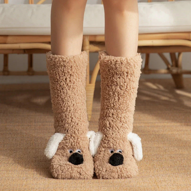 Cozy cartoon dog socks in various colors featuring plush, non-slip designs for comfortable winter wear