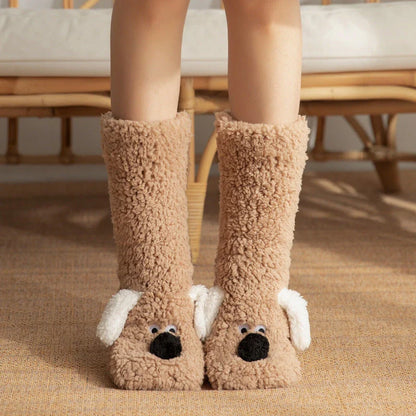 Cozy cartoon dog socks in various colors featuring plush, non-slip designs for comfortable winter wear