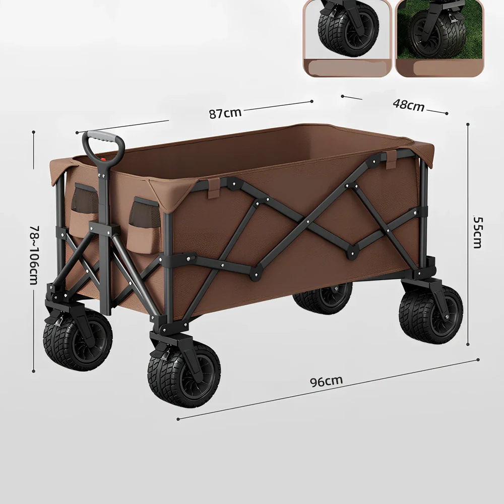 Foldable black camping cart with 600kg capacity showing expanded and collapsed dimensions