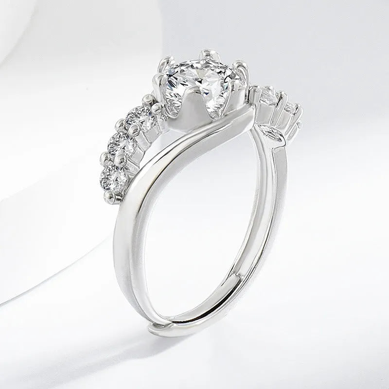 White gold colour crown couple ring with simple copper band and round line design for women