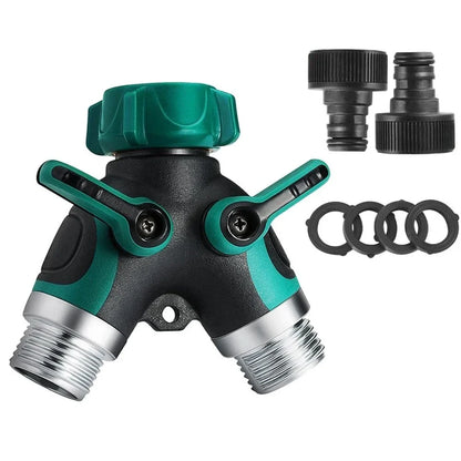 Green Y-type plastic fluid splitter with aluminium-plated copper inlet and zinc alloy outlets measuring 94x91x55mm