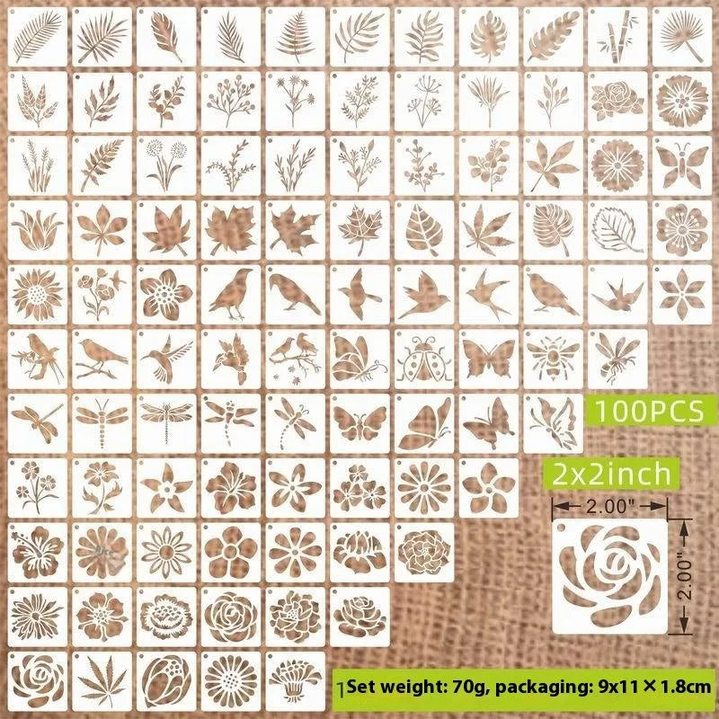 Milky white PET film spray painting stencil sheets with hollow-cut animal, floral, letter, and mandala designs.