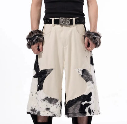Milk fibre stitching fur cropped trousers with checkered pattern in picture colour, shown in Asian sizes S M L XL.