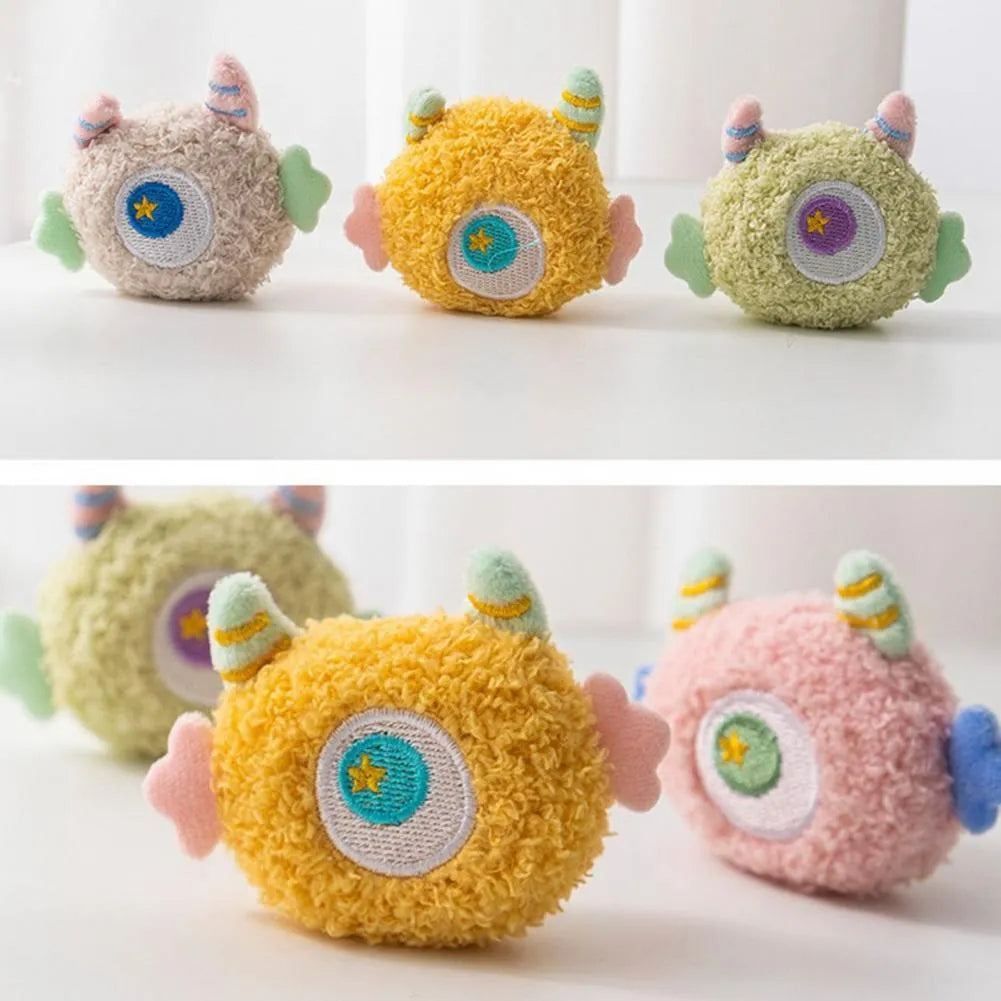 Cartoon-shaped plush dog chew toy with squeaker in grey, green, pink, white or yellow colours