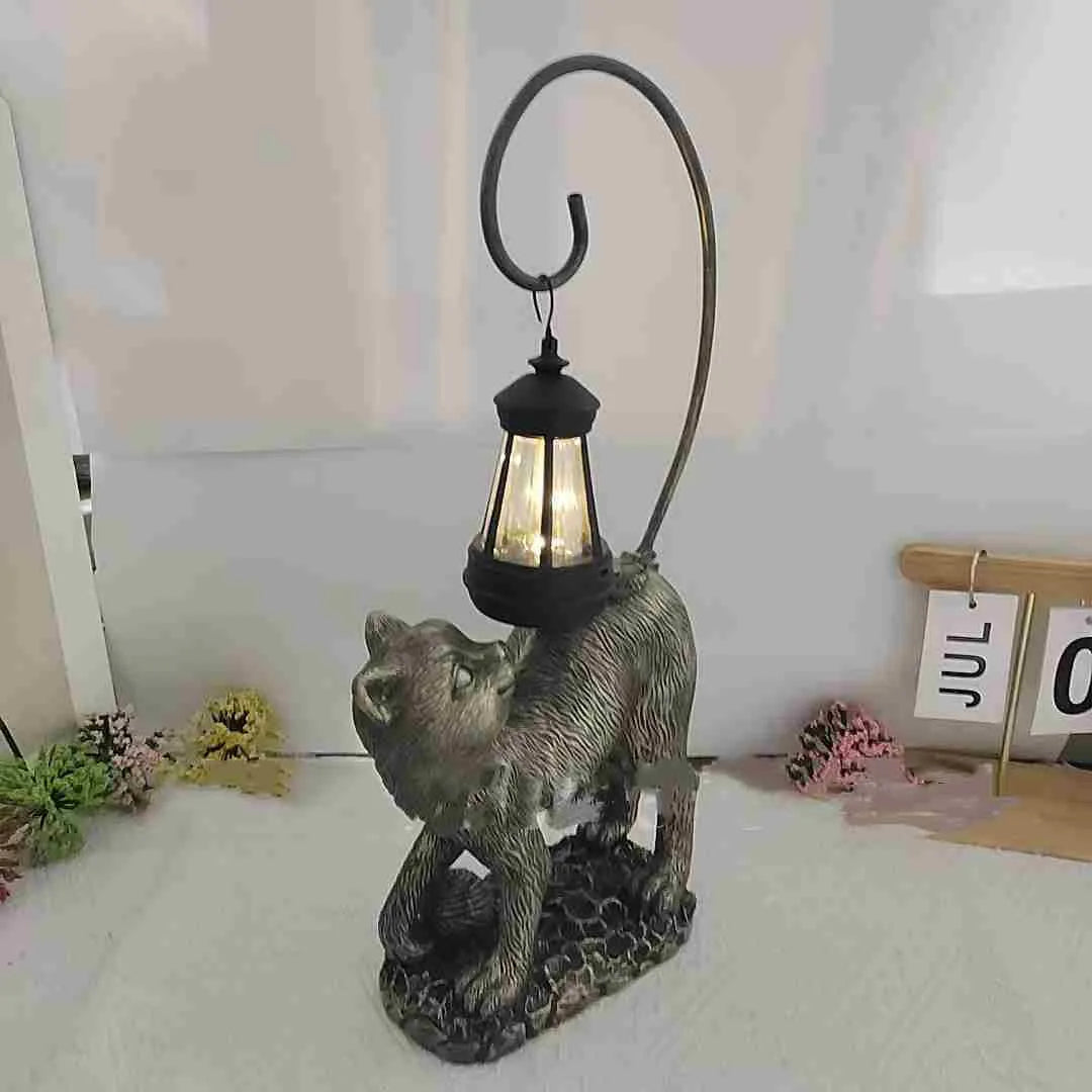 Bronze resin cat solar garden lamp for outdoor courtyard and garden decoration
