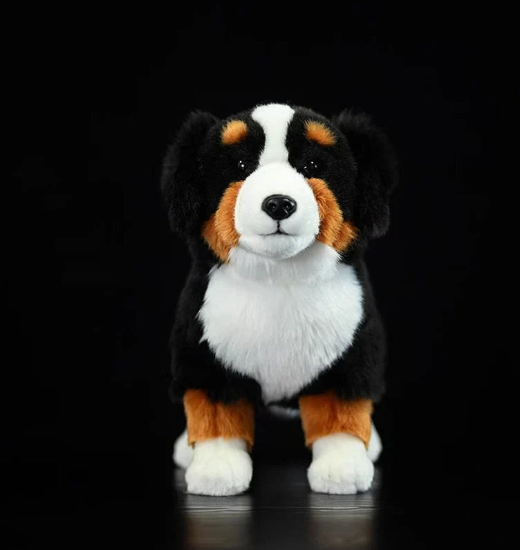 Black Bernese Mountain Dog plush toy showing 29cm length and accurate breed proportions
