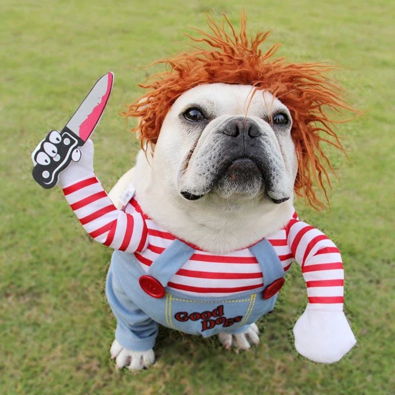 Adjustable polyester pet costume with wig and foam knife accessories, perfect for Halloween celebrations with your furry friend