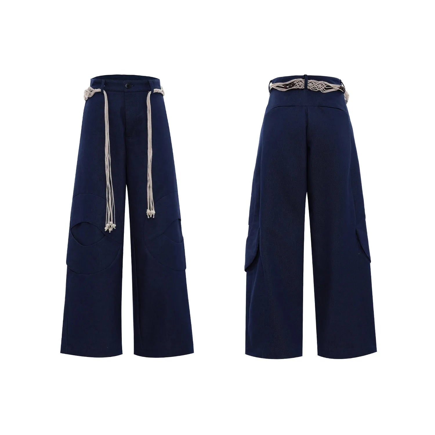 Men's dark blue straight-leg cotton jeans with 3D cutting, belt stitching, and decorative tassel on a hanger