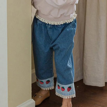 Children's jeans with strawberry embroidery and lace patchwork on denim, mid waist with hairband belt