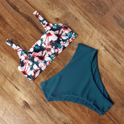 Women's leopard print high waist bikini swimsuit set on a mannequin, showing bra and briefs.