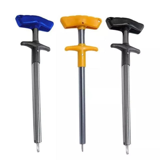 Portable T-shaped hook extractor for safe fishing in black, yellow, blue, and orange