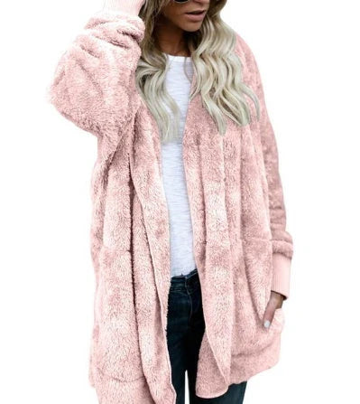 A cozy, plush women's jacket in a variety of colors with a relaxed, oversized fit for easy layering