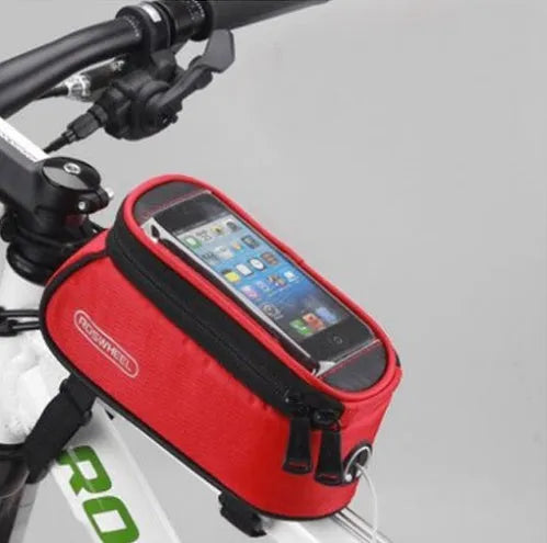 ROSWHEEL bicycle frame bag in black showing mounting on bike frame with iPhone inside