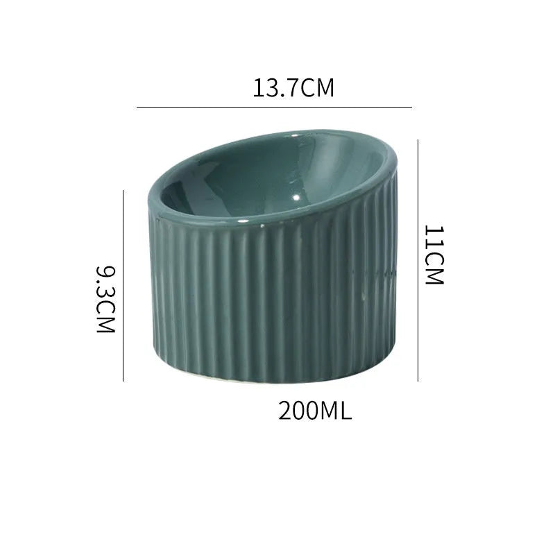 Ceramic raised cat bowl in light green, showing elevated tilted design for pet feeding.