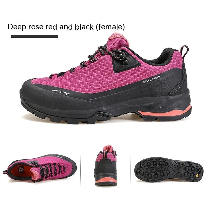 Men's low-top hiking boots in black with lace-up front and rubber outsole.