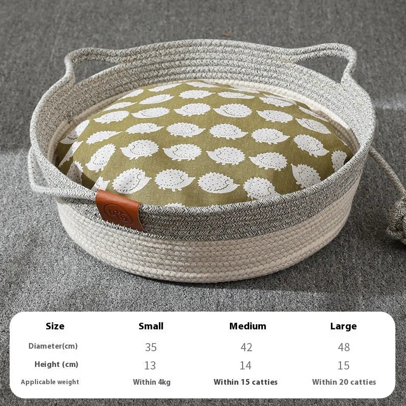 Cotton woven cat nest mat with stitching texture in grey, brown or green colours
