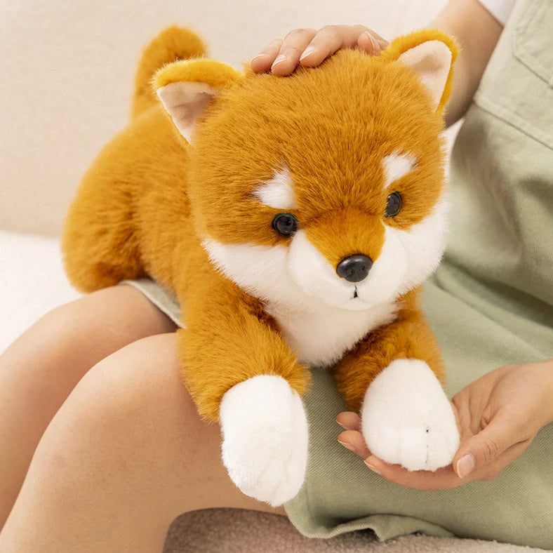 Shiba Inu and Husky plush doll with lying posture simulation in super soft short plush, available in 35cm and 45cm heights with three colour options for realistic canine companion display