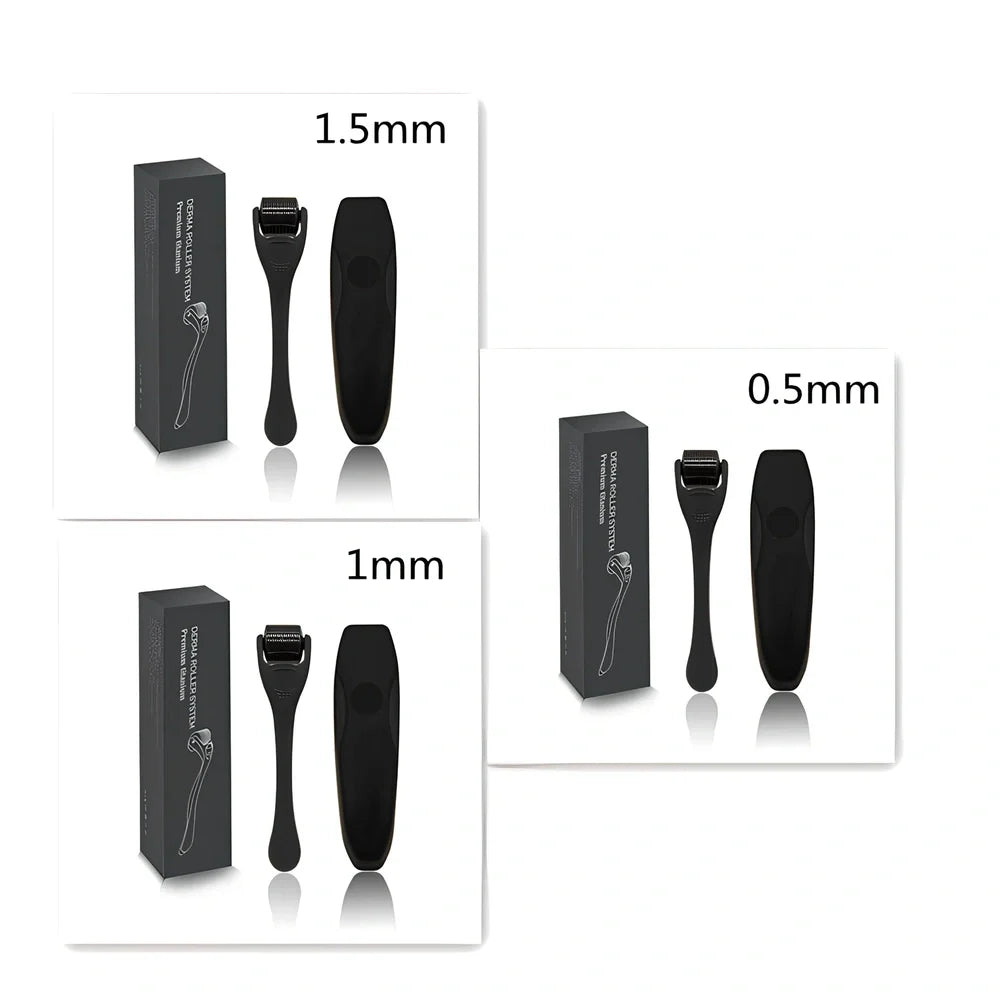 Black titanium alloy beard roller with multiple needle lengths for facial hair care