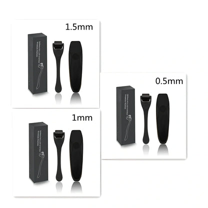 Black titanium alloy beard roller with multiple needle lengths for facial hair care