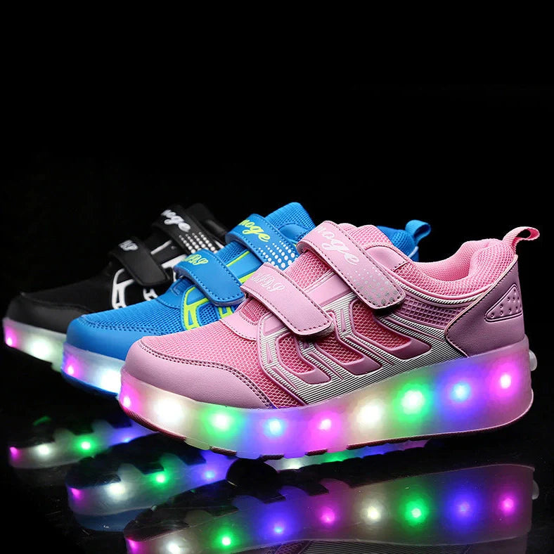 Girls' roller skates with blue PU wheels on a pavement, showing adjustable sizing and double wheel design