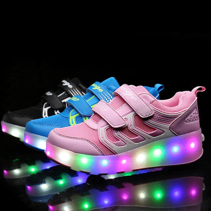 Girls' roller skates with blue PU wheels on a pavement, showing adjustable sizing and double wheel design