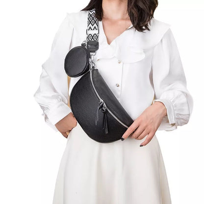 Genuine leather crossbody bag in black, caramel, white, and dark khaki with multiple pockets