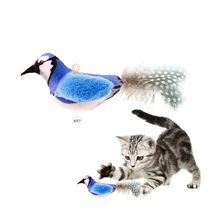 Bird simulation cat plush toy in four summer colour designs: colourful bird, sparrow, blue kingfisher and yellow bird