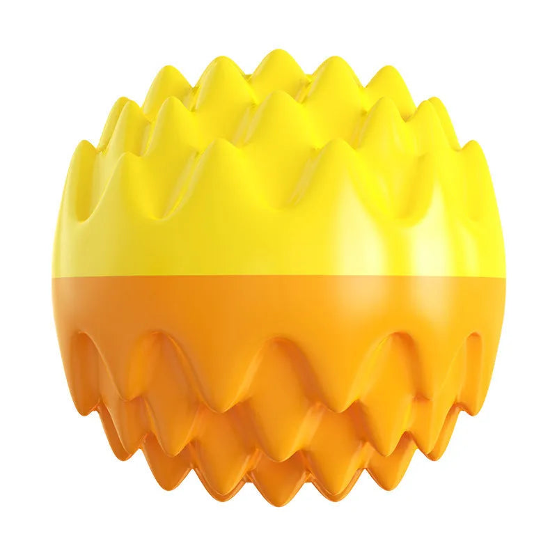 Blue and orange durable rubber squeaky dog ball with spiky texture for teeth cleaning