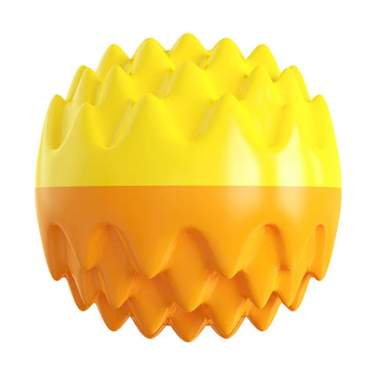 Blue and orange durable rubber squeaky dog ball with spiky texture for teeth cleaning
