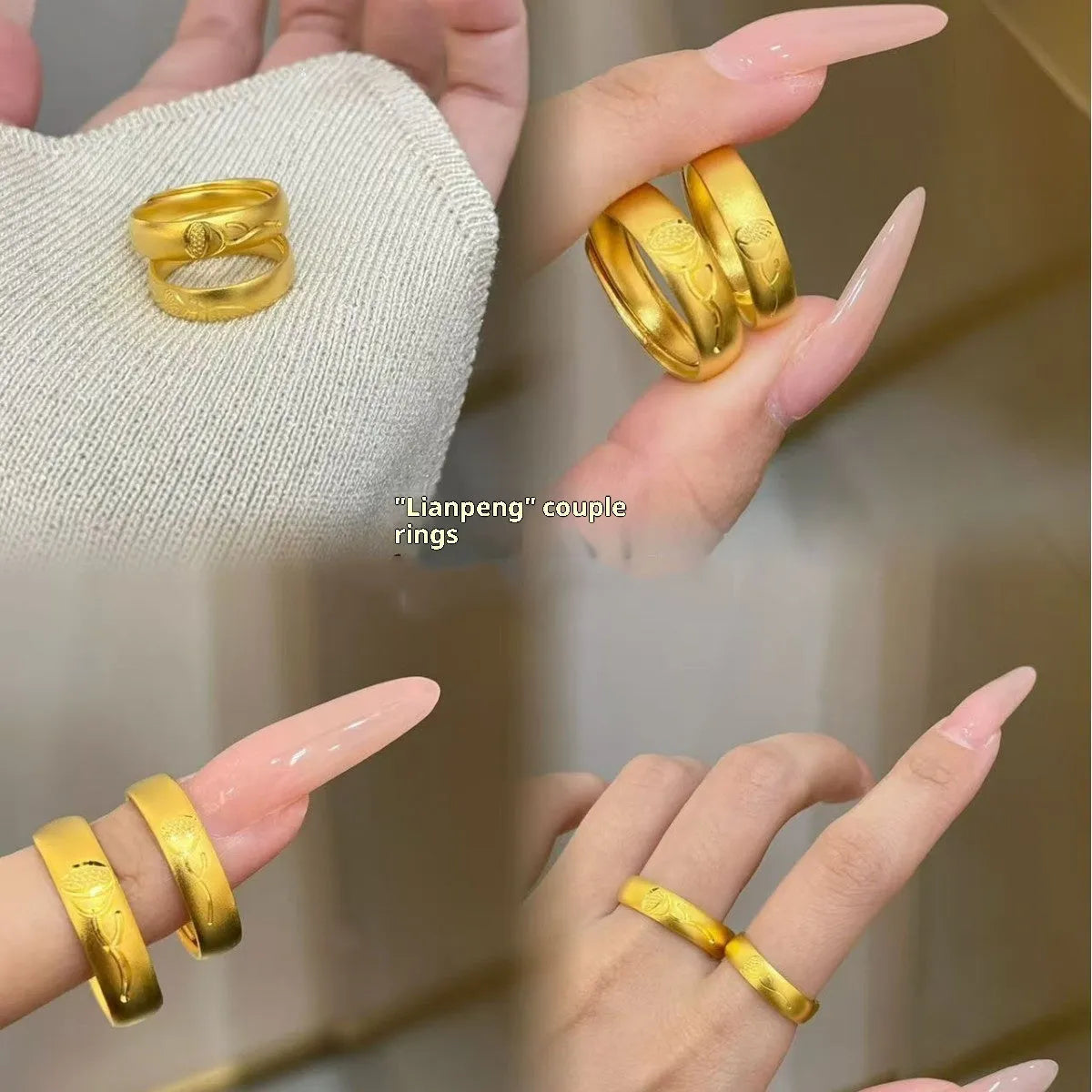 Adjustable brass couple ring with lotus flower shape and double happiness character, men's and women's style
