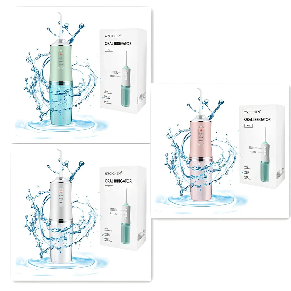 White oral irrigator with 4 nozzles showing water stream and USB charging port