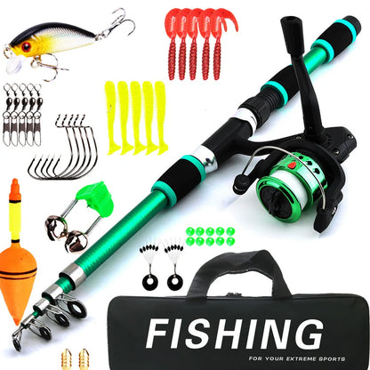 Children's fishing rod set with pole and wheel in four colour options including bait accessory box