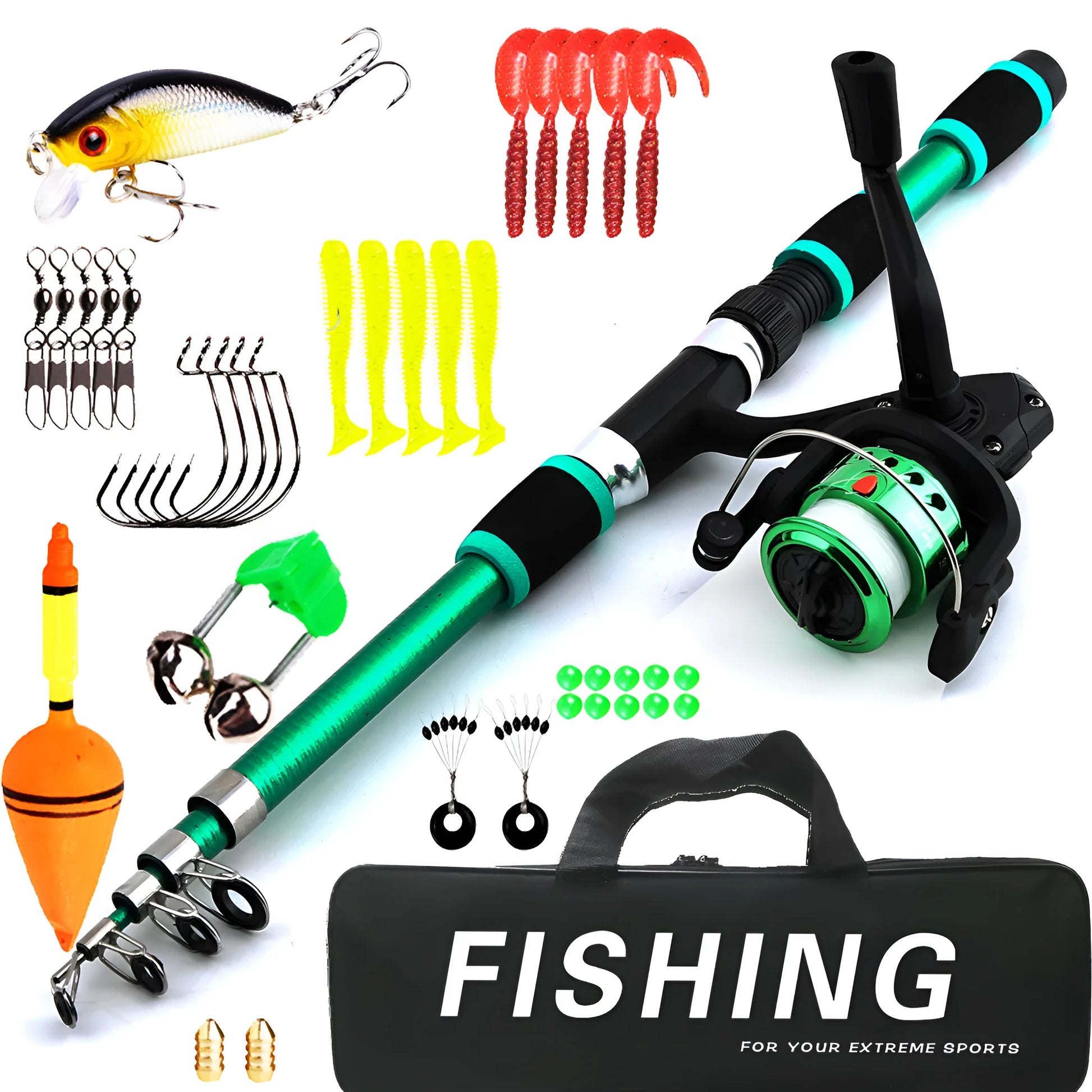 Children's fishing rod and reel set with pole, wheel, and bait accessory box in blue colour