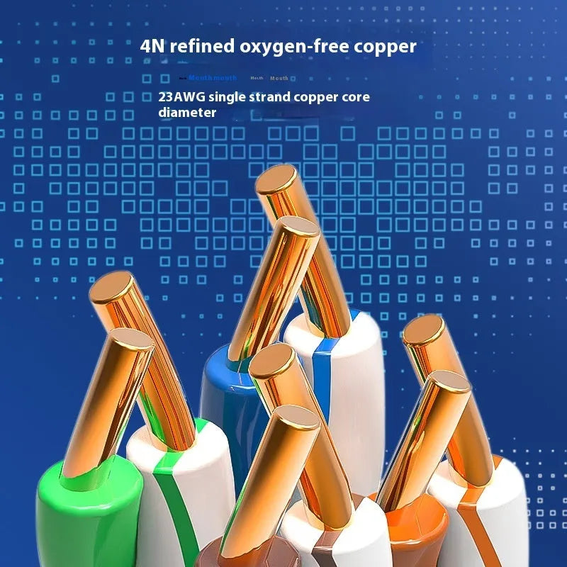 A reel of blue Category 6 network cable with oxygen-free copper core, showing the 305m length label.