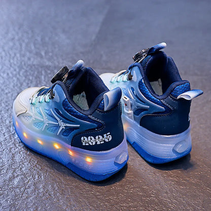 Children's flash knob roller skating shoes in blue, showing the rotating button fastening and knob roller mechanism.