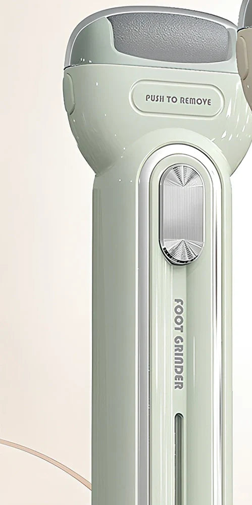 Electric foot grinder with three grinding heads in beige, green, and purple colour options